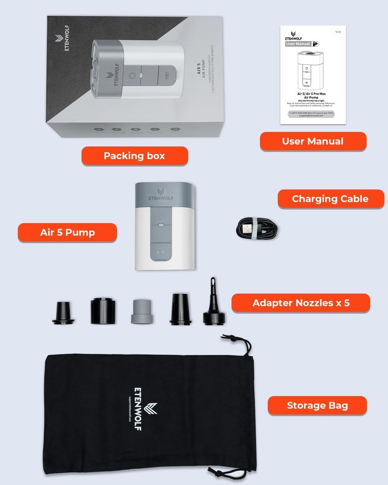 ETENWOLF AIR 5 Air Pump for Inflatables, 5200 mAh Portable Electric Air Pump, 4X Quick Inflator Deflator, 4.5 kPa & 720 L/min Pump for Pool Floats, Air Mattress, Vacuum Storage Bags, Camping - Image 5